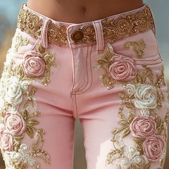 Rose Print High Waist Jeans – Vintage Buttoned Slim Trousers Autumn