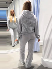 Women's Grey Sequin Angel Wings Crop Hoodie & Sweatpants Set