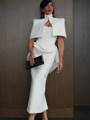 Ivory Pleated Evening Gown – Detachable Cape Polyester Chiffon