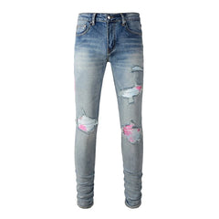 High Street Black Skinny Jeans for Men – Letter Embroidered Slim Fit Denim