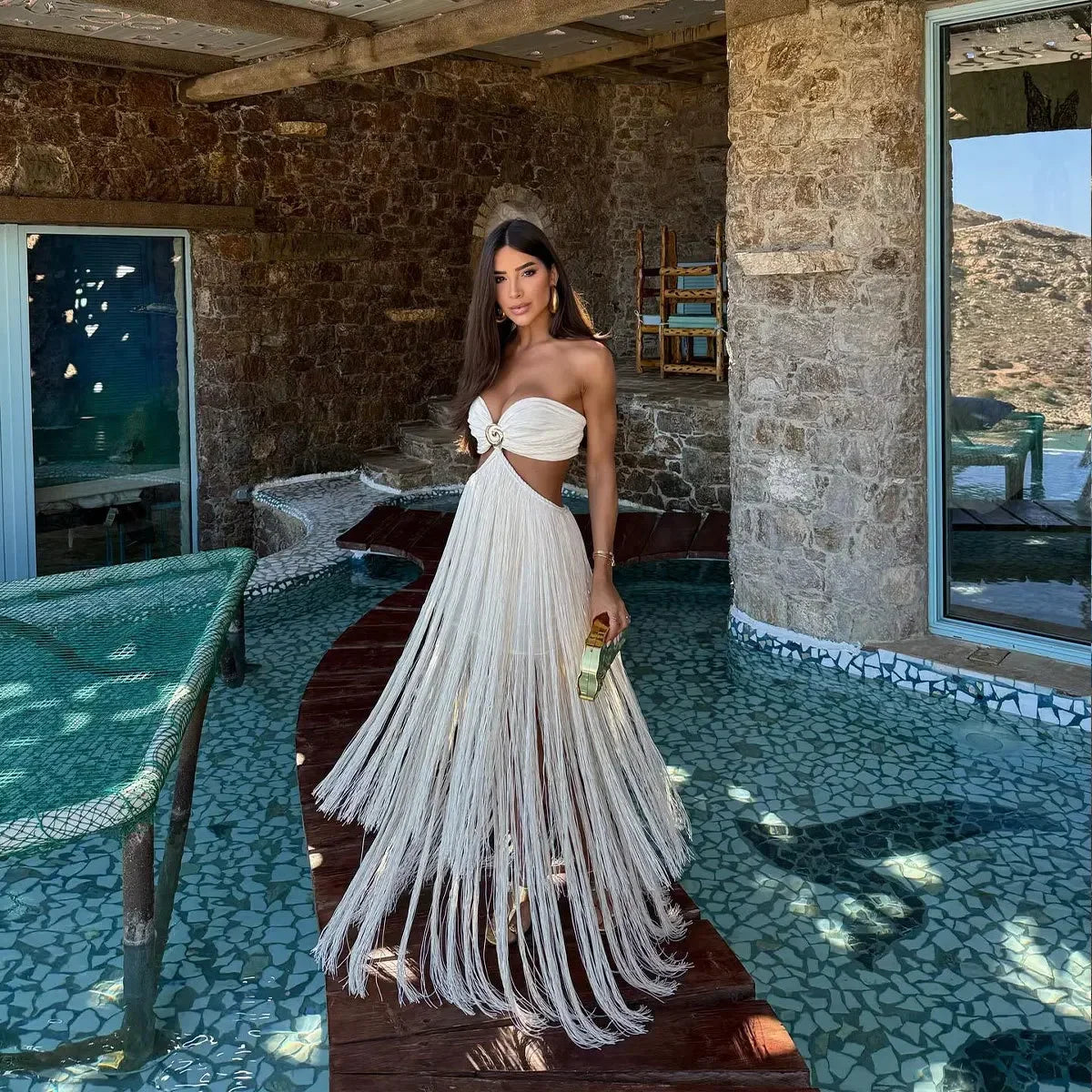 Strapless Fringe Hollow Out Dress Women - Backless Off Shoulder Bodycon