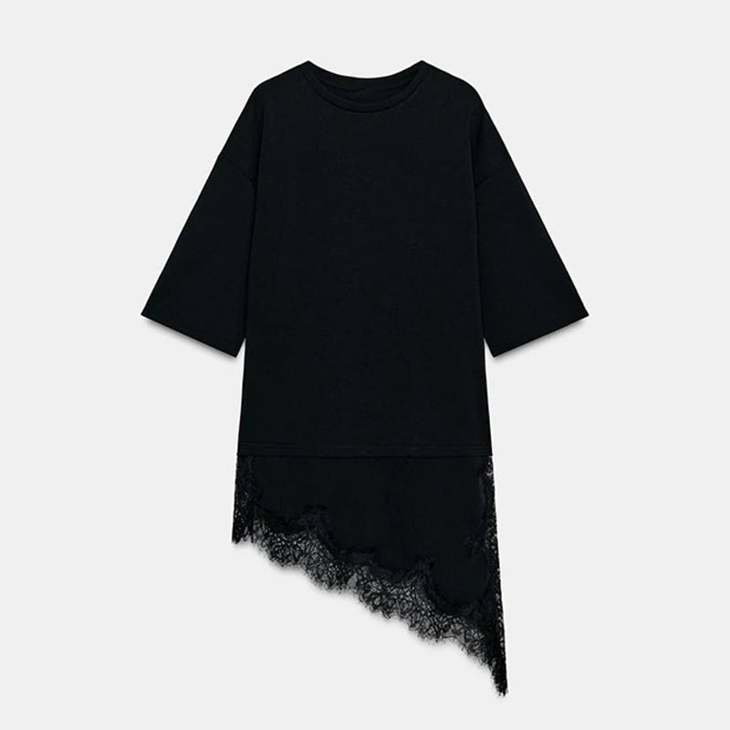 Elegant Lace-Trim Patchwork Blouse for Women – Asymmetrical Hem Solid Top | 2026