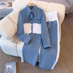 Color-Blocked Denim Jacket & Wide-Leg Pants Set – Loose Fit Two-Piece Casual Suit for Women |