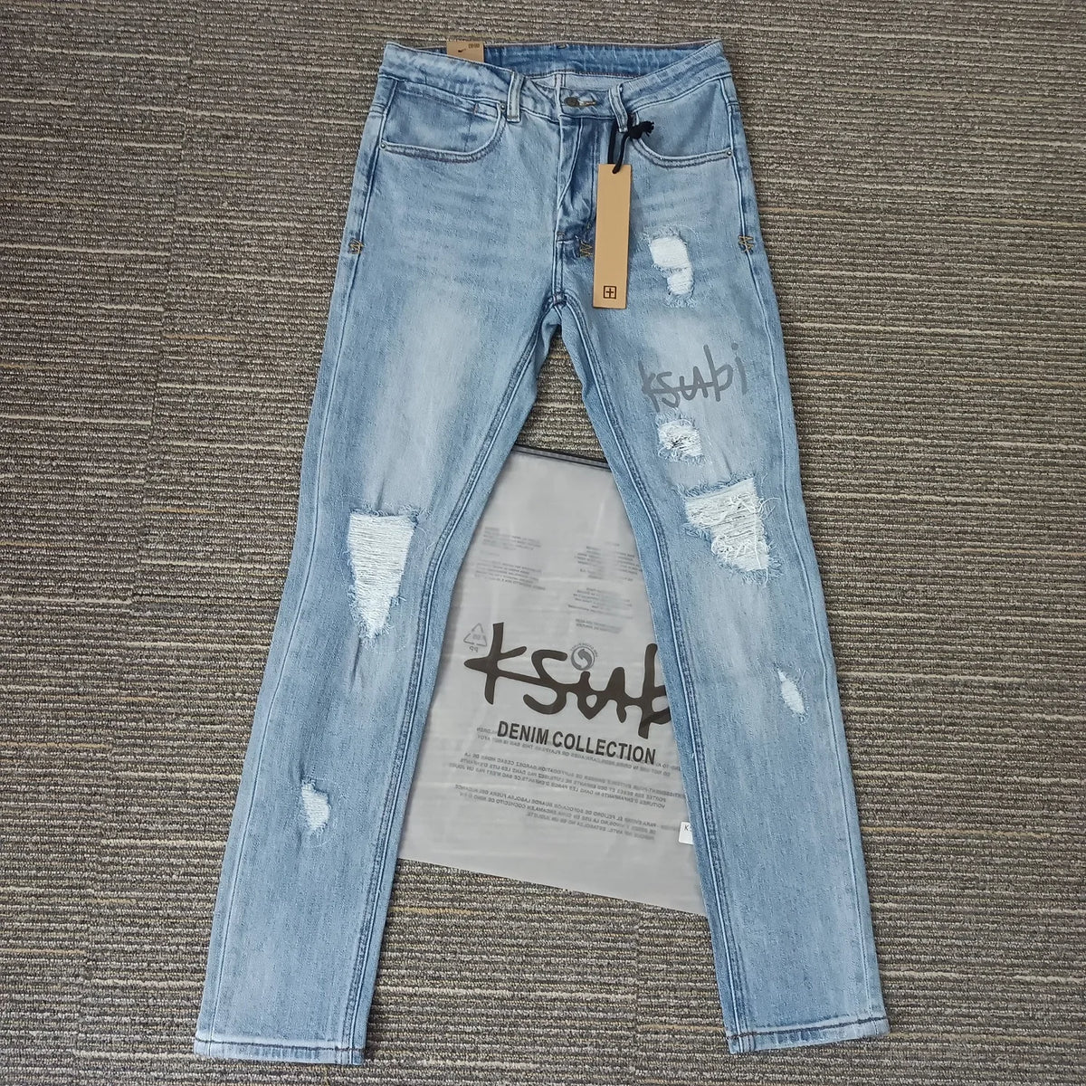 Retro Low Rise Skinny Jeans - Light Blue Ripped Stretch Denim - Unisex