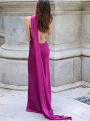 Satin Halter Backless Dress – Decorative Ribbon Evening Formal