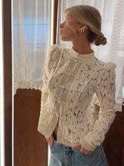 Retro Solid Knit Top for Women – Chic O-Neck Long Sleeve Slim Fit with Hollow Lace Detail