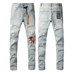 Retro Low Rise Skinny Jeans - Light Blue Ripped Stretch Denim - Unisex