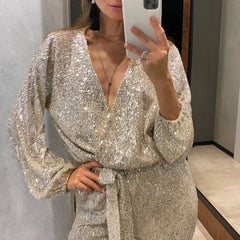Sequin High-Waisted Jumpsuit for Women – V-Neck Full Sleeve with Lace-Up Waist