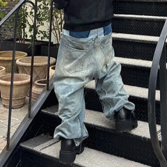 CUT-UP Double-Waist Patchwork Jeans - Unisex Baggy Straight Denim Trousers