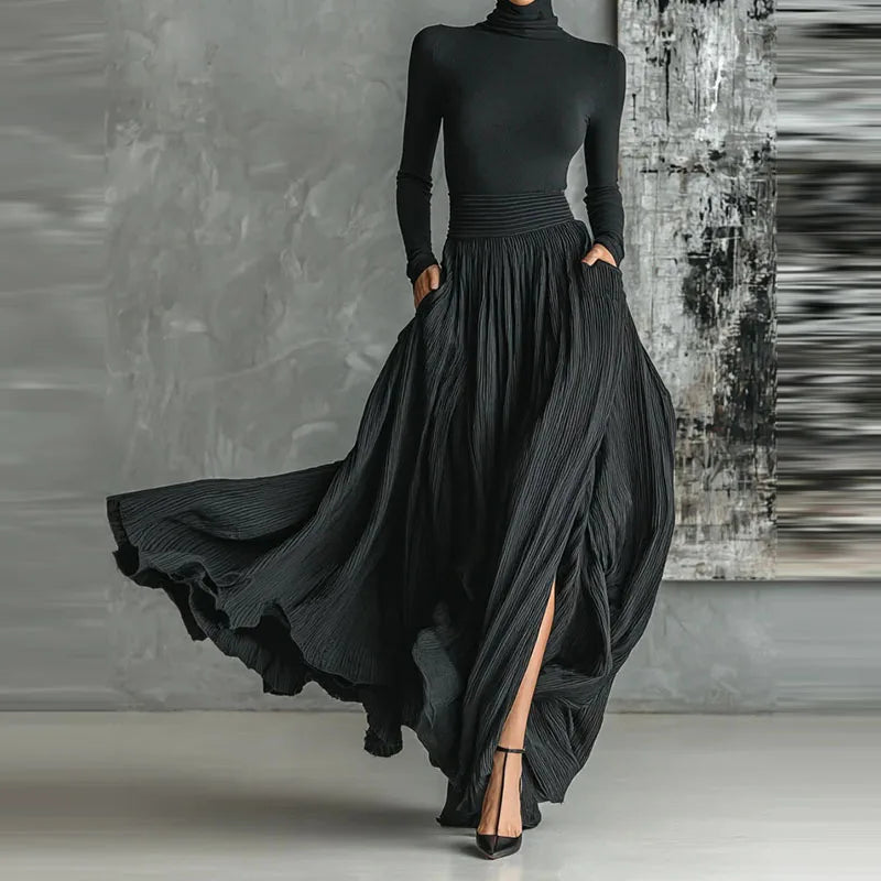 Elegant Turtleneck 2-Piece Set - Long Sleeve Top + Draped Pocket Skirt