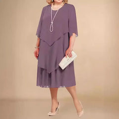 Plus Size Elegant Chiffon Midi Dress – Flowy Irregular Layered Hem, O-Neck Summer Dress