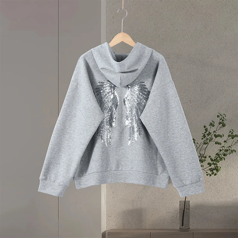Women's Grey Sequin Angel Wings Crop Hoodie & Sweatpants Set