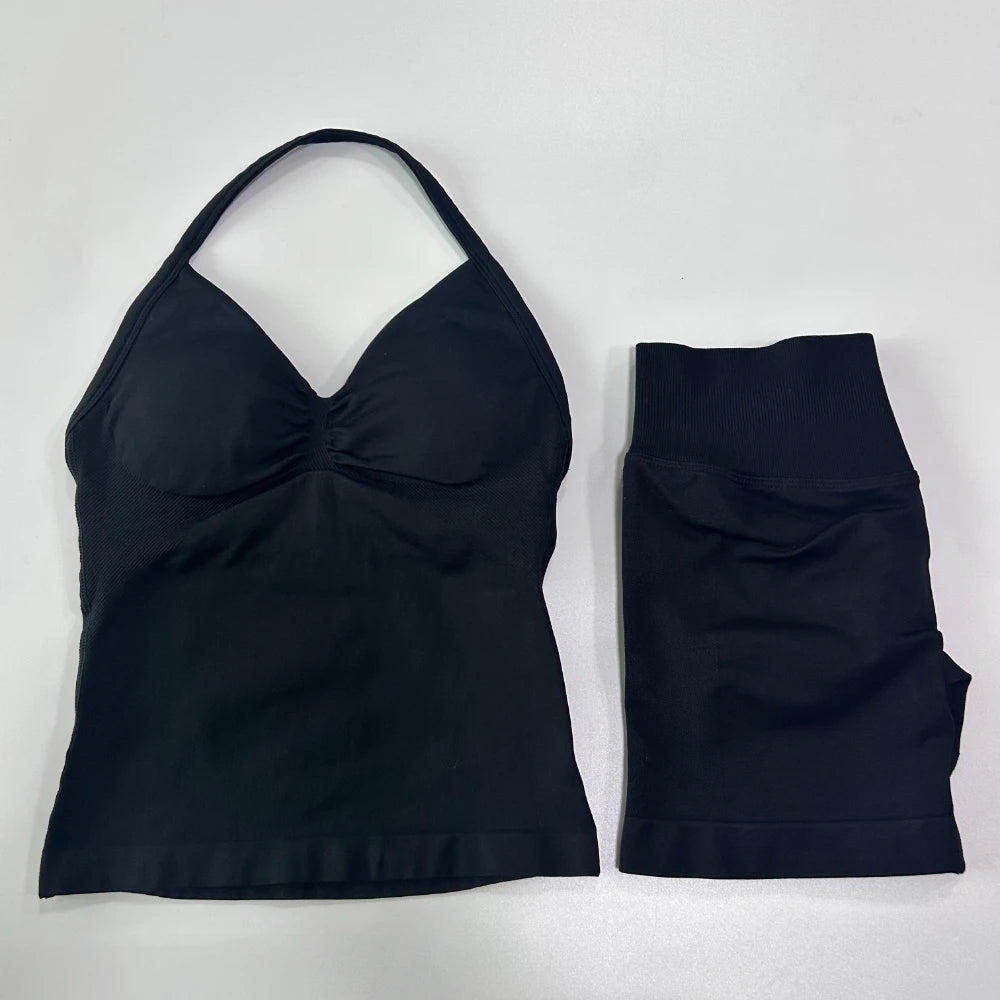 2-Piece Seamless Gym Set Women - Backless Tank Top + High Waist Scrunch Shorts Activewear