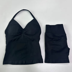 2-Piece Seamless Gym Set Women - Backless Tank Top + High Waist Scrunch Shorts Activewear