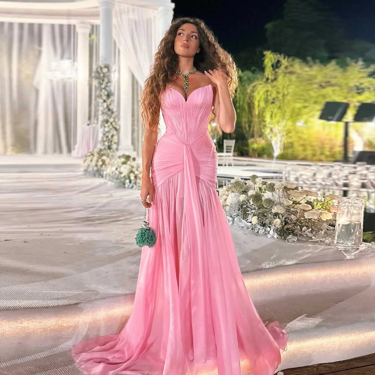 Pink Pleated Chiffon Maxi Dress – Sweetheart Neck Unlined Sheer