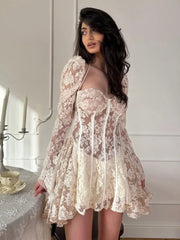 Elegant Patchwork Lace Short Dress for Women 2026