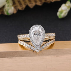 14K Gold Pear Cut Lab Diamond Ring Set - 1.5CT DEF VVS-VS Princess Engagement & Wedding Bands