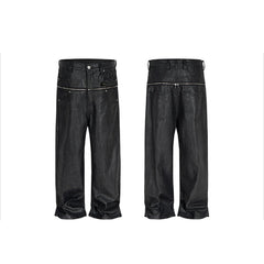 Vintage Hip Hop Wax Coated Jeans Men - Black Zipper Detail Baggy Streetwear Denim