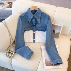 Color-Blocked Denim Jacket & Wide-Leg Pants Set – Loose Fit Two-Piece Casual Suit for Women |