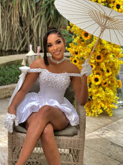 Ivory Beaded Mini Dress – Bow Sleeve Polyester Spandex Cocktail