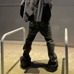 Black Wax Leather Stretch Jeans Men - Y2K Baggy Flare Streetwear Denim