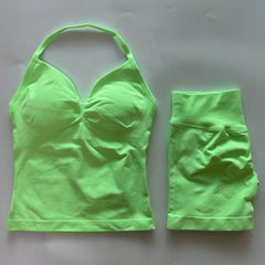 2-Piece Seamless Gym Set Women - Backless Tank Top + High Waist Scrunch Shorts Activewear