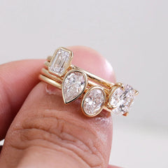 14K/18K Solid Gold Stackable Ring Set – Emerald, Oval & Pear Lab-Grown Diamond Trio