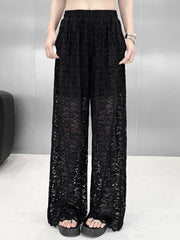 Black Lace Cutout Wide-Leg Pants – Polyester Spandex Cold Wash