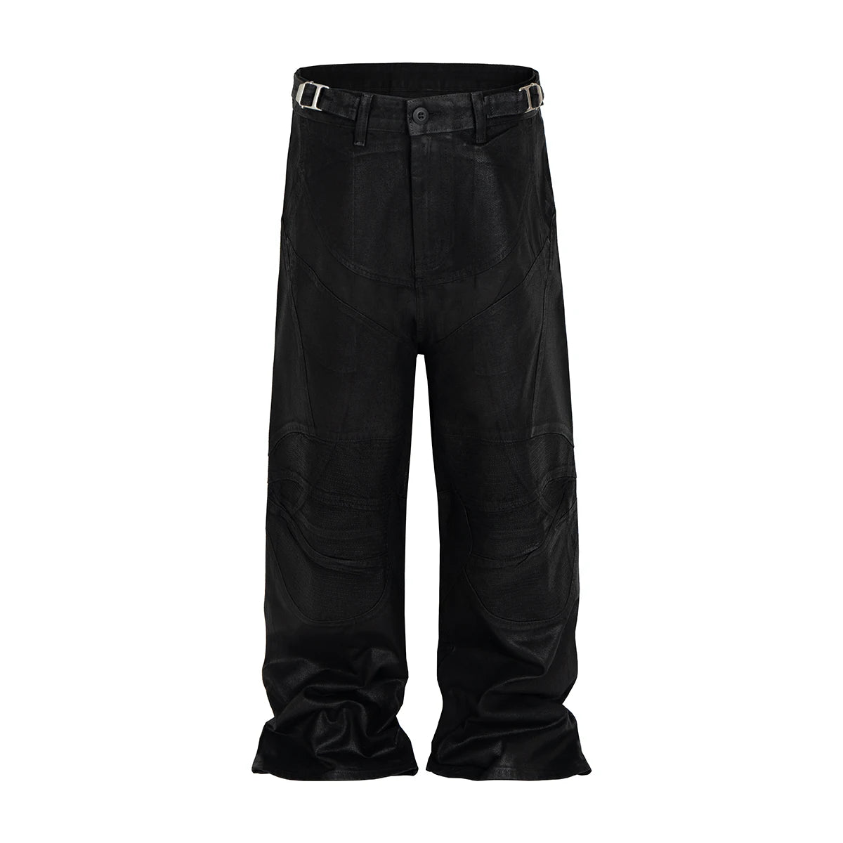 Vintage Wax Coated Cargo Pants Men - Black Wide Leg Baggy Streetwear Trousers