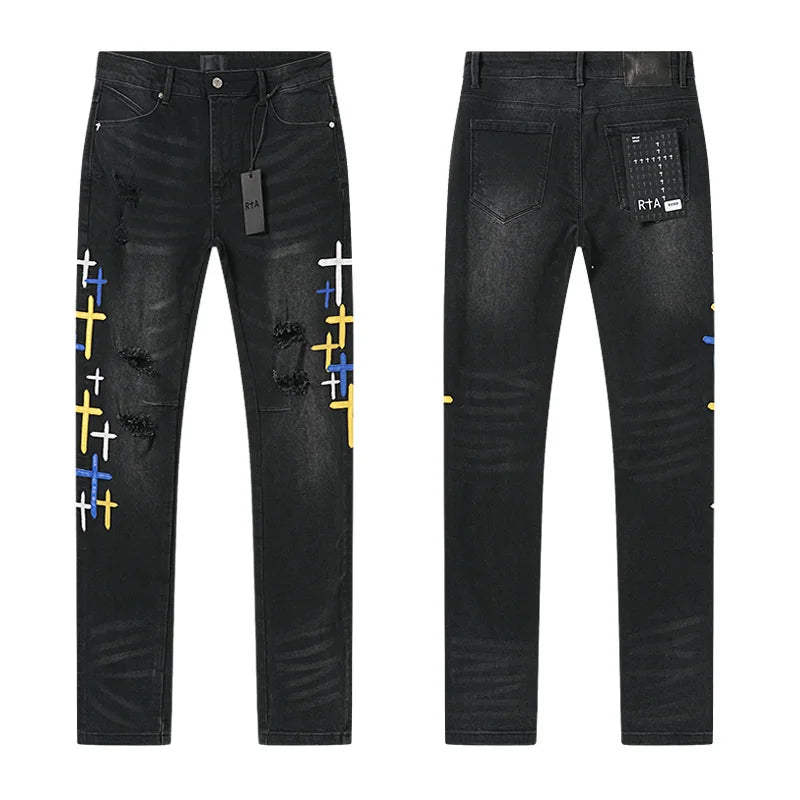 RTA Men's Slim Fit Graffiti Print Skinny Jeans – Destroyed Hole Detail Long Denim Pants