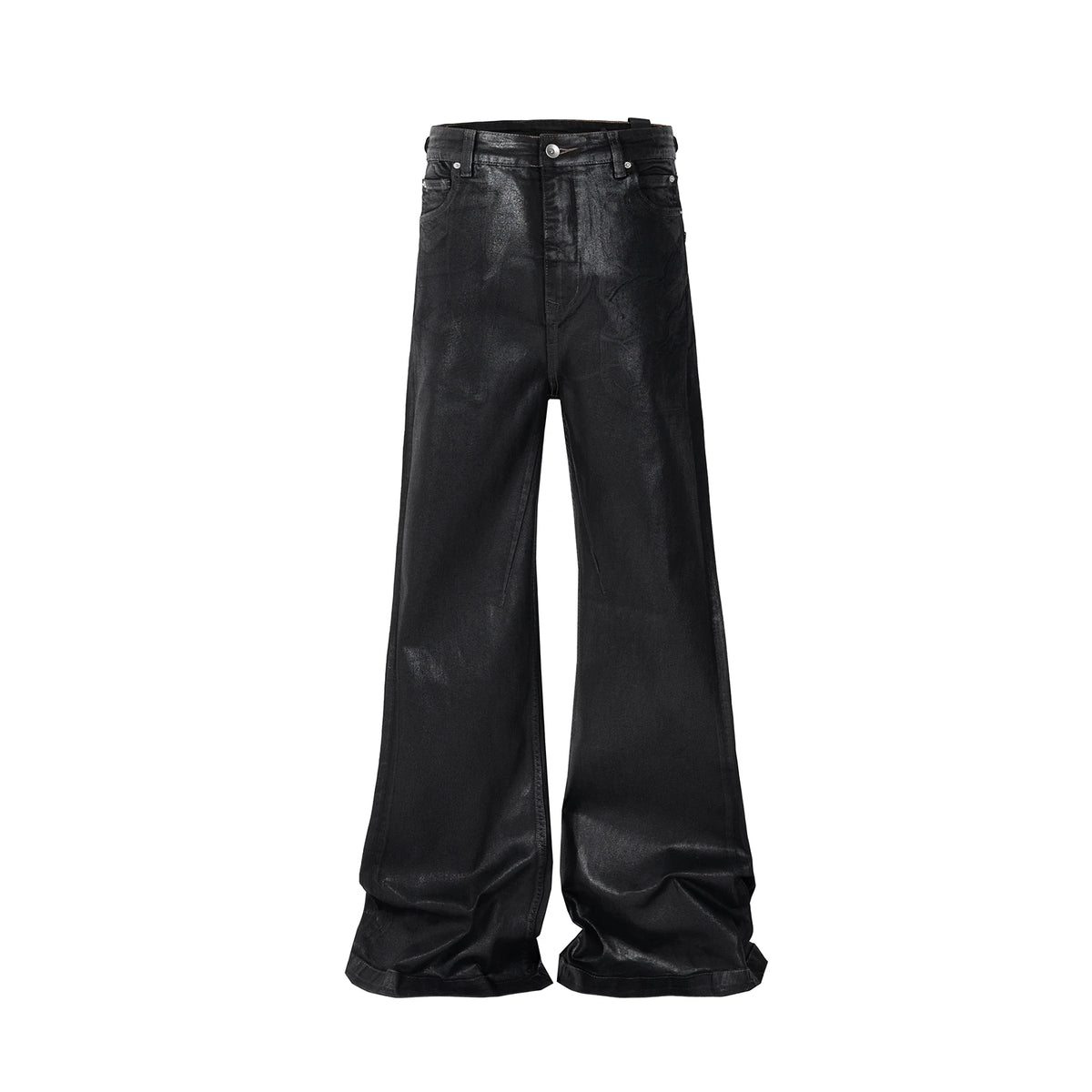 Black Wax Leather Stretch Jeans Men - Y2K Baggy Flare Streetwear Denim