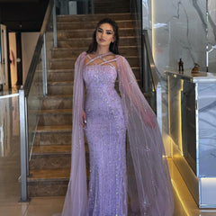 Dubai Champagne Mermaid Evening Dress – Aqua Criss Cross Cape Sleeve Gown