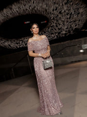Glitter Off-The-Shoulder Evening Dress – Glamorous Sequin Applique Prom Gown