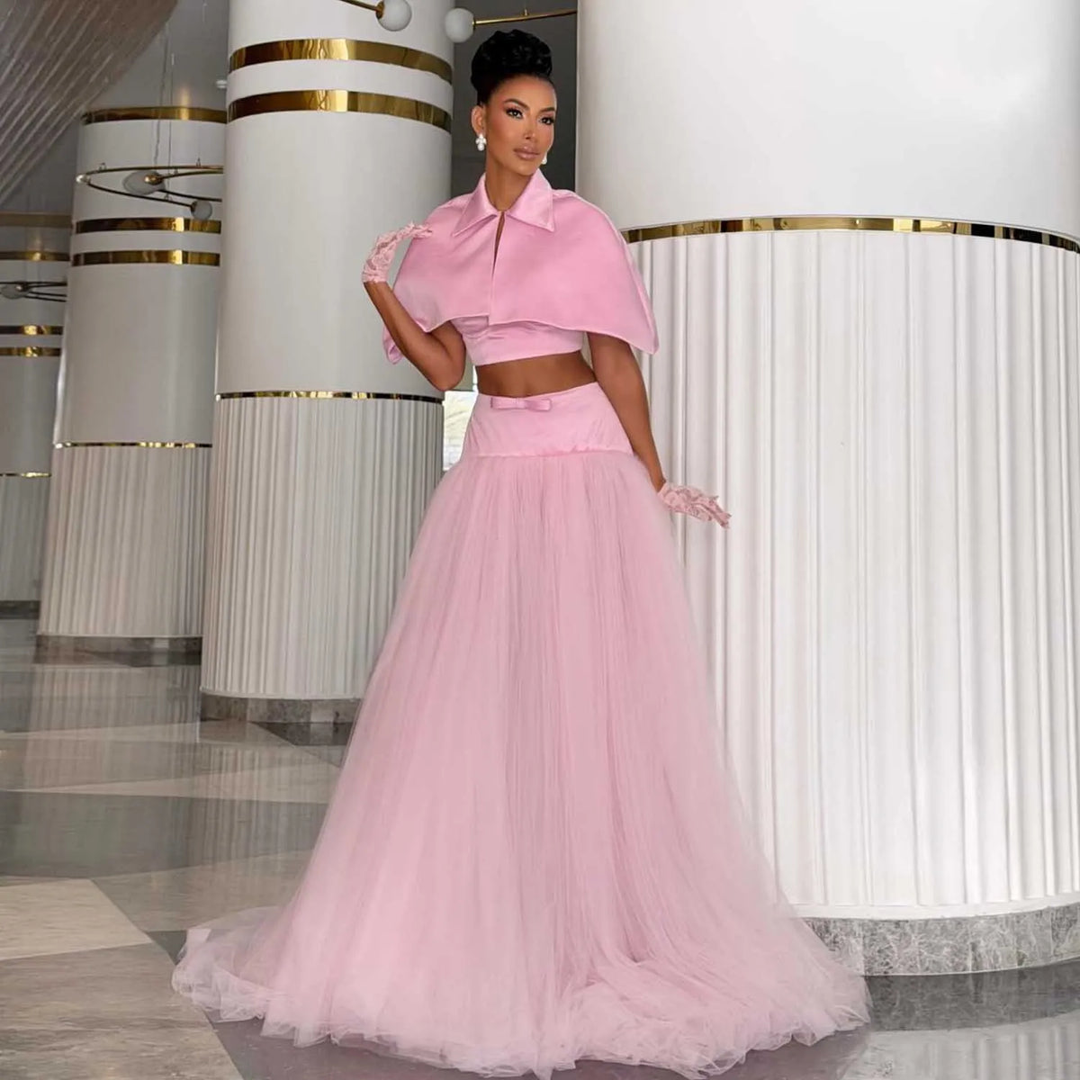 Pink Tulle Evening Gown – Detachable Cape 3 Piece Set Unlined Sheer Formal