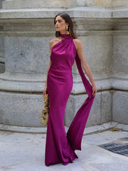 Satin Halter Backless Dress – Decorative Ribbon Evening Formal
