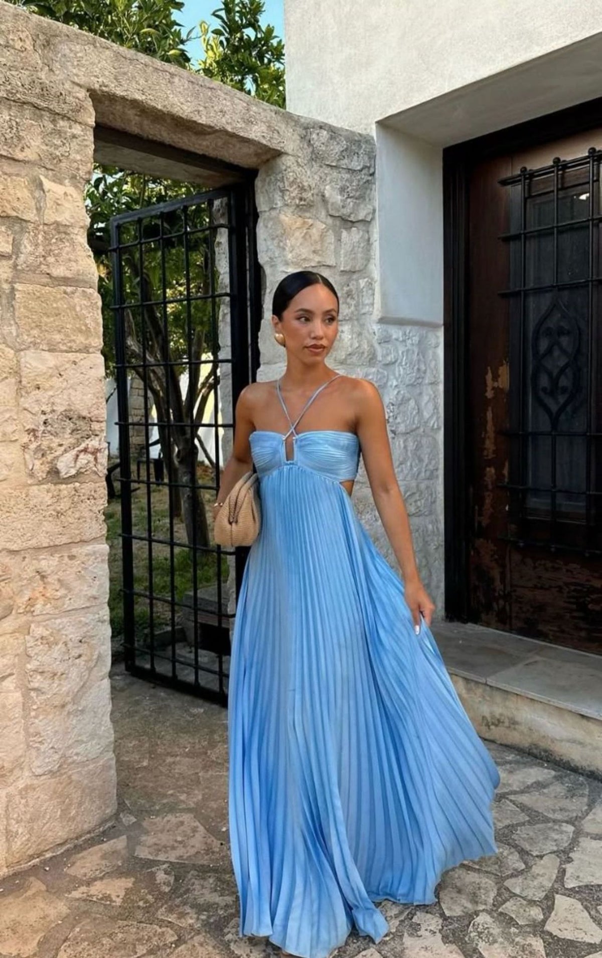 Pleated Halter Dress – High Waist Open Back Evening Club