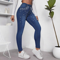 Pearl-Embellished Slim Jeans – High Rise 4-Way Stretch Mid Wash