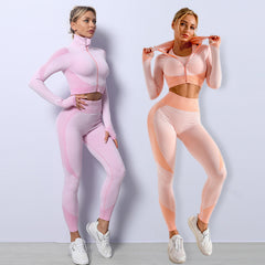 3-Piece Seamless Workout Set – Leggings Crop Top Sports Bra Women