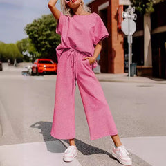 Short-Sleeve Top & Wide-Leg Pants Set – Polyester Spandex Cold Wash