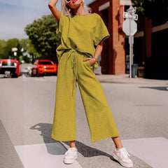 Short-Sleeve Top & Wide-Leg Pants Set – Polyester Spandex Cold Wash