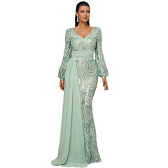 Long Sleeve Sequined Gown – Modest V-Neck Polyester Spandex Evening