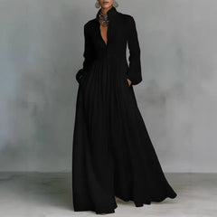 Parisian Pleated Midi Dress – Long Sleeve Linen Women's