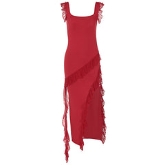 Strappy Midi Dress – Rayon Challis Side Slit Contrast Stitching