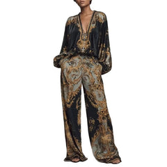 Korean-Style Knit Set – V-Neck Top & Wide Leg Pants Spring