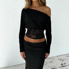 Batwing Sleeve Top – Off Shoulder Lace Patchwork Size Down