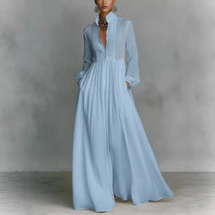 Parisian Pleated Midi Dress – Long Sleeve Linen Women's