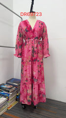 Floral Chiffon Maxi Dress – Long Sleeve Pleated Cold Wash Sheer