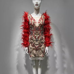 Red Feather Trim Dress – Sheer Mesh Sleeves Hand-Sewn Rhinestones