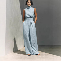 Women's Co-Ord Set – Mandarin Collar 60% Linen Relaxed Straight Leg