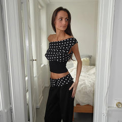 Polka Dot Off-Shoulder Crop Top – Lace Up Backless Chiffon